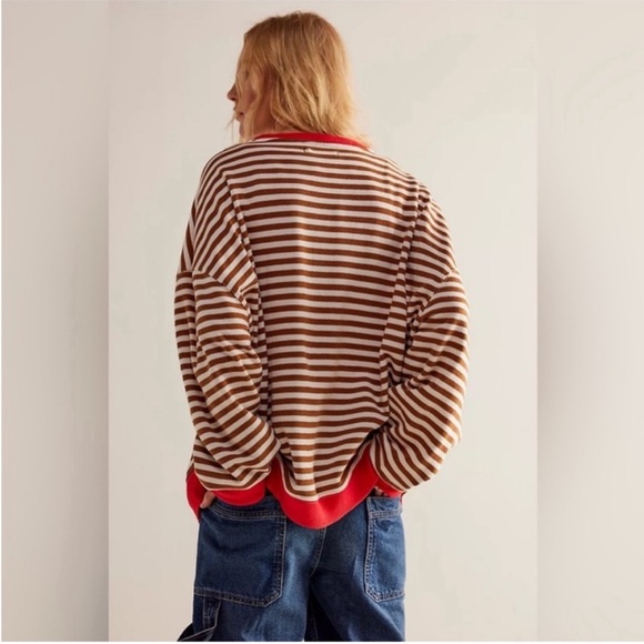 Free People Classic Oversized Striped Crewneck Sweatshirt Coffee Combo - Picture 4 of 9